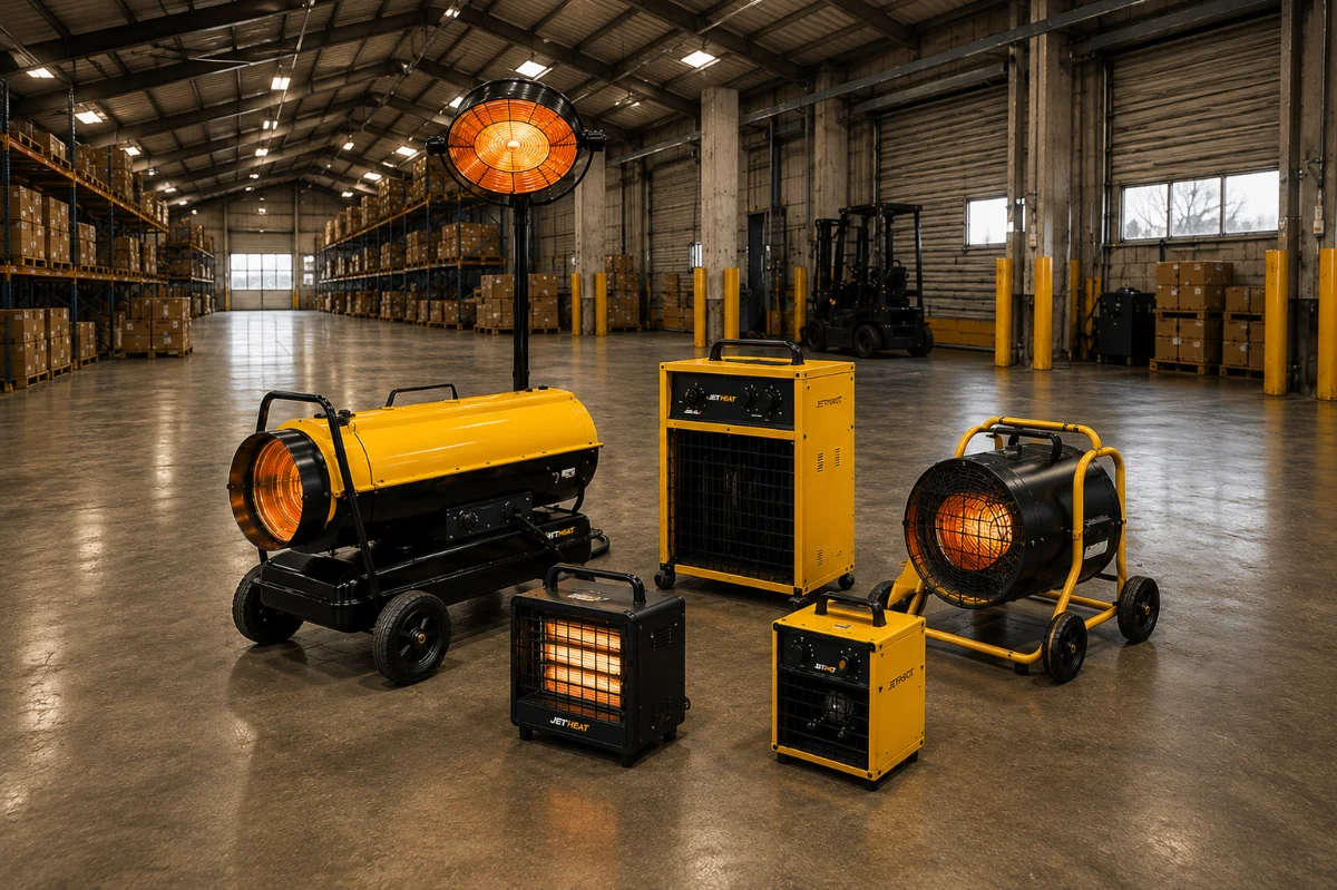 A line-up of industrial diesel, electric and infrared heaters on a warehouse floor